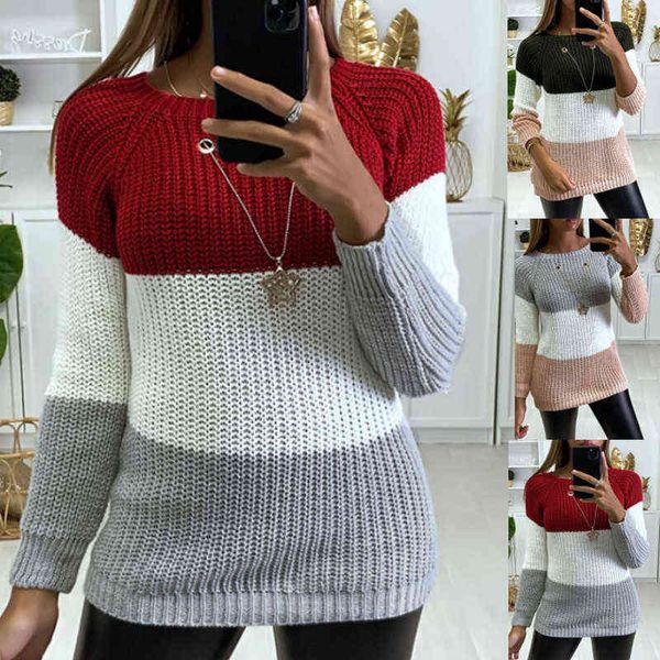 Mujeres Moda Otoño Invierno Suéter O-escote Casual Furry Jersey Manga larga SwStripe Suéteres casuales sin collar Y1110