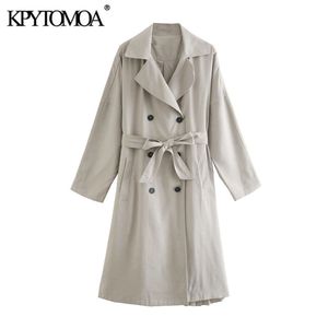Moda mujer espalda plisada doble botonadura gabardina vintage manga larga con cinturón ropa exterior femenina abrigo elegante 210416