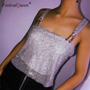 Femmes mode dos nu débardeur brillant Sexy Streetwear réglable chaîne en métal cristal paillettes Club fête récolte 220316