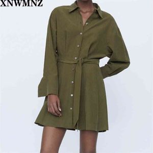 Femmes mode chemise ceinturée robe femme à manches longues col haut taille élastique cravate rétro Chic mini robes 210520