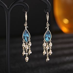 Dames Mode Blauw Crystal Tassel Earring Merk Design Bruiloft Luxe Bruids Dangler Verklaring Oorbellen Sieraden