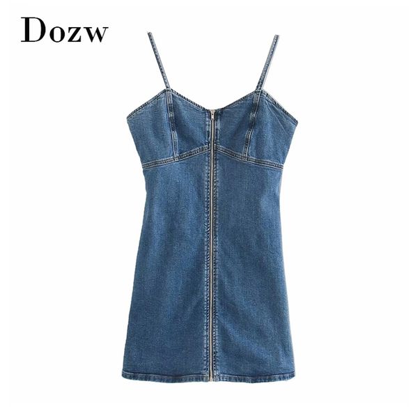 Femmes Mode Bleu Denim Robe Été Sexy Spaghetti Sangle Mini Sans Manches Avant Fermeture À Glissière Dos Nu Casual Jeans es 210515