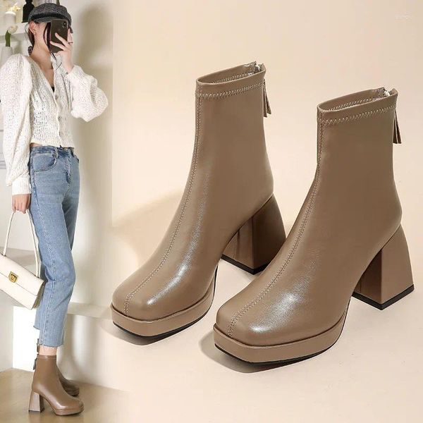 Botas de moda para mujer con tacones altos hasta el tobillo Plataforma gruesa Tela elástica Punta cuadrada Suela blanca Cremallera Botines para mujer joven 2024 69093 18302