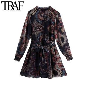 Fonds de la mode à nœuds papillon châssis à volants Paisley Print mini robe vintage à manches longues avec doublure robes féminines Mujer 210507