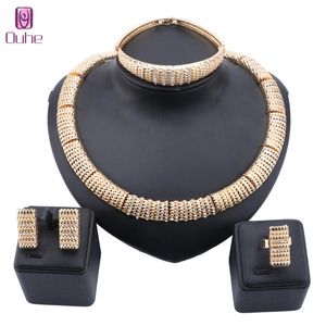 Vrouwen Mode Bruids Dubai Gouden Sieraden Sets Kristallen Ketting Oorbel Ring Armband Wedding Party Sieraden Set