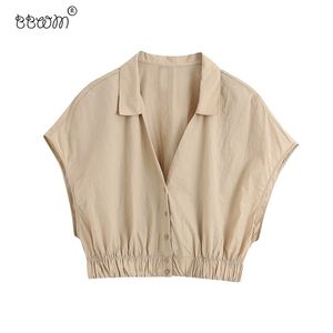 Femmes Fashion Buttons Blouses Croquées Solides Vintage Femelle Sans manches Élastique Hem Shirts Casual Chic Tops 210520