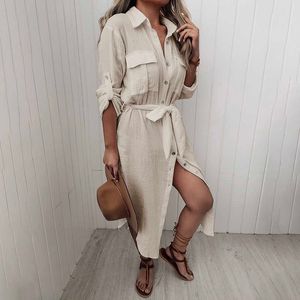 Damesmode Casual Losse Fit Midi Jurk Vrouwelijke Casual Korte Jurken Solid Button Up Lace-Up Shirt Jurk 210716