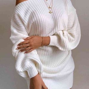 Damesmode Casual Short Dress White Mini Dress One Shoulder Lantern Sleeve Gebreide Sweater Jurk 210716