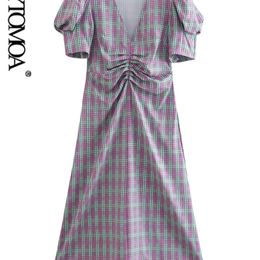 Vrouwen mode check gedrapeerde midi jurk vintage korte puff mouwen zijkant zipper vrouwelijke jurken vestidos mujer 220526