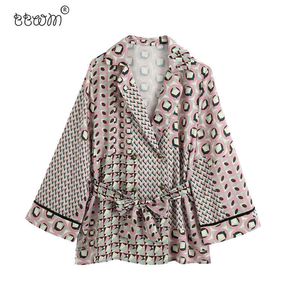 Vrouwen mode chique boog sjerpen geometrische gedrukte losse blouses vintage lange mouw kant open shirts vrouwelijke chique tops 210520
