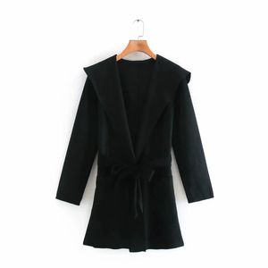Femmes mode Chic velours-sentiment avec ceintures veste à capuche Vintage poches Long manteau femme Chic vêtements d'extérieur 210520