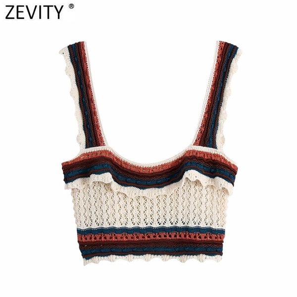 Femmes Mode Couleur Match Crochet Gilet Court Pull Mince Dames Vintage Tricoté Slim Pulls Femme Été Chic Crop Tops S805 210416