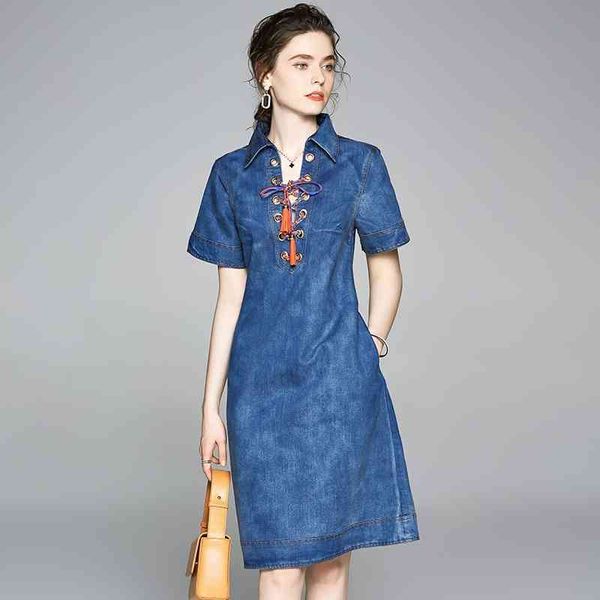 Femmes mode coloré à lacets glands robe d'été Sexy col en v à manches courtes Vintage Denim Vestidos 210520