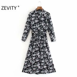 Moda Feminina Crane Print Laço Faixas Camisa Vestido Fall Office Lady Manga Nove Quartos Casual Magro Midi Vestido DS4602 210420