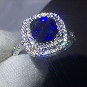 Vrouwen Mode kussen gesneden 3ct Blauw 5A zirkoon kristal 925 Sterling zilveren Engagement wedding band ring voor vrouwen Bijoux306S