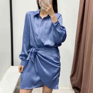 Femmes mode bleu foncé décontracté nœud papillon élégant chemise robe été à manches longues Chic simple boutonnage a-ligne robe pour OL 210521