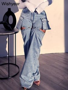 Buton de créateur de mode pour femmes Fly High Taist 3d Pockets Jeans Contrutal Straight Colters Docuable comme Shorts Denim Cargo Pants 240424