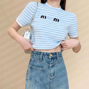 Damesmodeontwerper Knits T-shirt blauw gestreepte T-stukken Crop tops