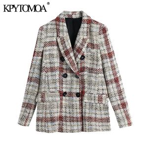 Women Fashion Double Breasted Check Tweed Blazer Coat Vintage Long Sleeve Pockets Female Outerwear Chic Tops 210416