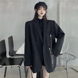 Femmes mode double boutonnage lâche blazer coréen haute rue à manches longues costume veste noir col cranté dames vêtements d'extérieur 240228