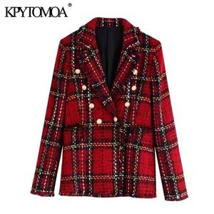 Femmes Mode Double Boutonnage Tweed Check Blazer Manteau À Manches Longues Effiloché Gland Femelle Outwear Chic Tops 210420