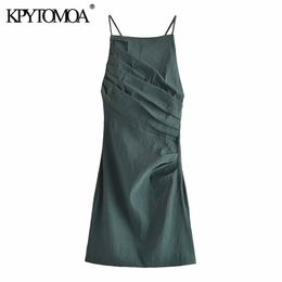 Mini robe drapée en lin pour femmes, mode Vintage, dos nu, fermeture éclair, fines bretelles croisées, robes féminines, 220526