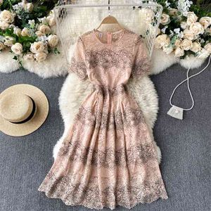 Vrouwen mode elegante vrouwelijke kant zoete a-lijn jurk zomer ronde hals korte mouw vintage vestidos s024 210527