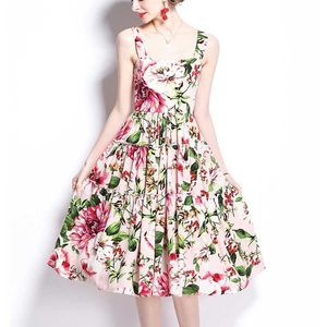 Damesmode Elegante Floral Print Retro Spaghetti Strap A-Lijn Jurk Vestidos de Mujer Kleding 210529