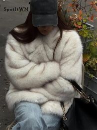 Moda mujer abrigos de piel sintética Vintage solapa sólida suelta manga larga abrigos cálidos otoño invierno señora moda gruesa ropa de calle 240110
