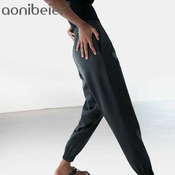 Femmes mode Faux cuir Jogging pantalon Vintage taille haute élastique cordon femme cheville pantalon Mujer OL 210604