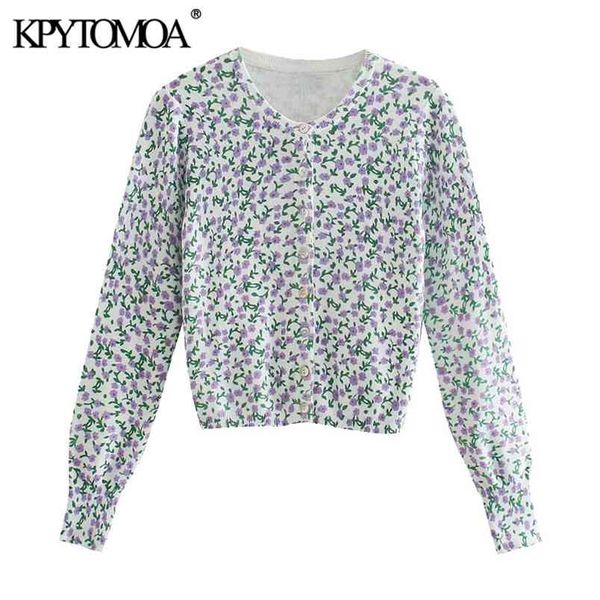 Femmes Mode Floral Jacquard Cropped Cardigan Cardigan Pull à manches longues Femme Vêtements de dessus Chic Tops 210420