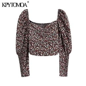 Damesmode Bloemenprint Bijgesneden blousewolk Mouw terug elastische vrouwelijke shirts Blusas chique tops 210420