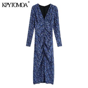 Femmes Mode Floral Print Plissé Slit Midi Robe Vintage Manches Longues Fermeture À Glissière Robes Femelles Robes Mujer 210416