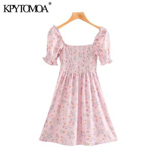 Femmes Mode Floral Imprimer Volants Mini Robe Vintage Manches Bouffantes Smocké Chemises Femelles Blusas Chic Tops 210416