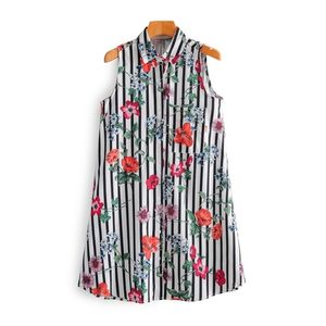 Vestido camisero a rayas con estampado de flores a la moda para mujer, chaleco elegante sin mangas, minivestidos informales rectos DS3683 210420