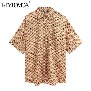 Damesmode Geometrische Print Pocket Blouses Revers Collar Korte Mouw Vrouwelijke shirts Blusas Chic Tops 210420