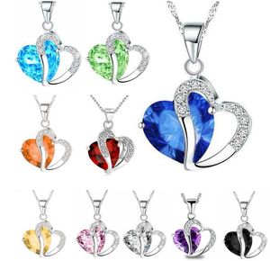 Femmes mode coeur cristal strass argent chaîne pendentif collier bijoux 10 couleur longueur 17,7 pouces GB1437