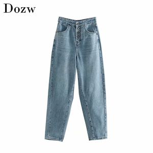 Vrouwen mode hoge taille moeder jeans streetwear knop vlieg lange denim harem broek stijlvolle zakken dames broek 210515