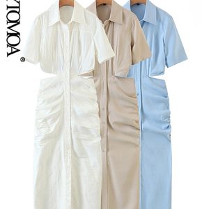 Vrouwen mode hol uit gedrapeerde midi shirt jurk vintage backless buttonup vrouwelijke jurken vestidos mujer 220526