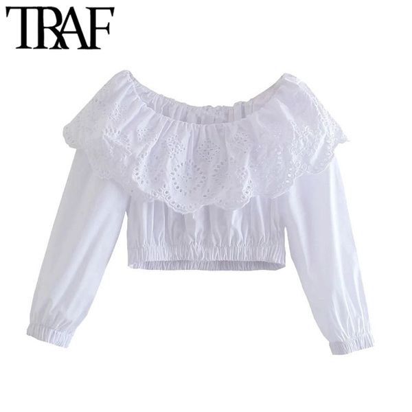 Femmes Mode Creux Out Broderie Blouses Courtes Vintage Manches Longues Élastique Garnitures Femmes Chemises Chic Tops 210507