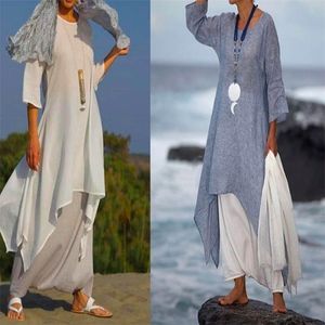 Vrouwen mode onregelmatige vrijetijds losbandige linnen shirt tuniek tuniek pullover blouse baggy tops round nek comfortabele jurk 220613