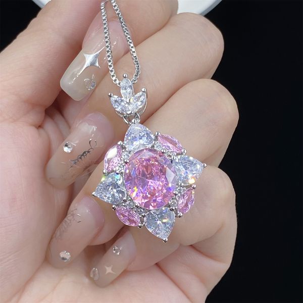 Joyería de moda para mujer, colgante de diamante de circón de cristal rosa, collar chapado en oro blanco, anillo, conjunto de regalo de cumpleaños y boda