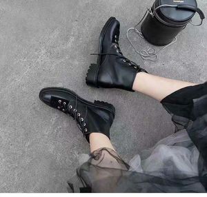 Femmes mode à lacets design martin bottes chaussures automne talons bas femme bottes de course décontractées en cuir noir dames mocassins bottines chaussures