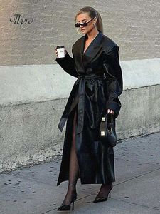 Vestes en cuir à lacets pour femmes, manteaux de rue surdimensionnés à revers et manches longues, pardessus amples en PU, mode automne-hiver 2023