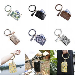 Femmes mode léopard en cuir Bracelet porte-clés carte de crédit portefeuille O porte-clés avec gland bracelets pochette sac à main B177F