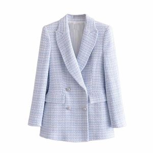 Femmes mode bleu clair blanc Plaid Tweed Blazer manteau Vintage Double boutonnage femme bureau dame Chic hauts 210514