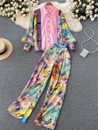 Women Fashion Luxury Chain Print Shirt Top Full Length Pant Autumn Contrast Color Long Sleeve Knoppen Blouse 2 -delige set 240419