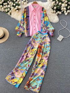 Femmes mode luxe chaîne imprimé petit haut pleine longueur pantalon automne contraste couleur à manches longues boutons Blouse 2 pièces ensemble 240309