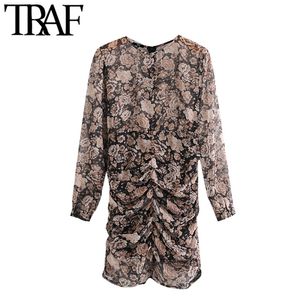 Damesmode Metalen draad Floral Print Geplooide mini-jurk Vintage lange mouw met voering vrouwelijke jurken mujer 210507