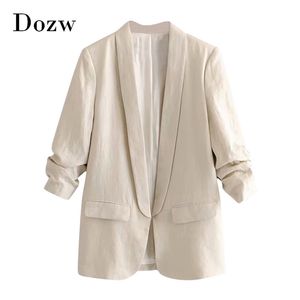 Femmes mode bureau porter Blazer manteau col cranté poches décontractées costume Blazers solide plissé manches Chic Outwear hauts 210515